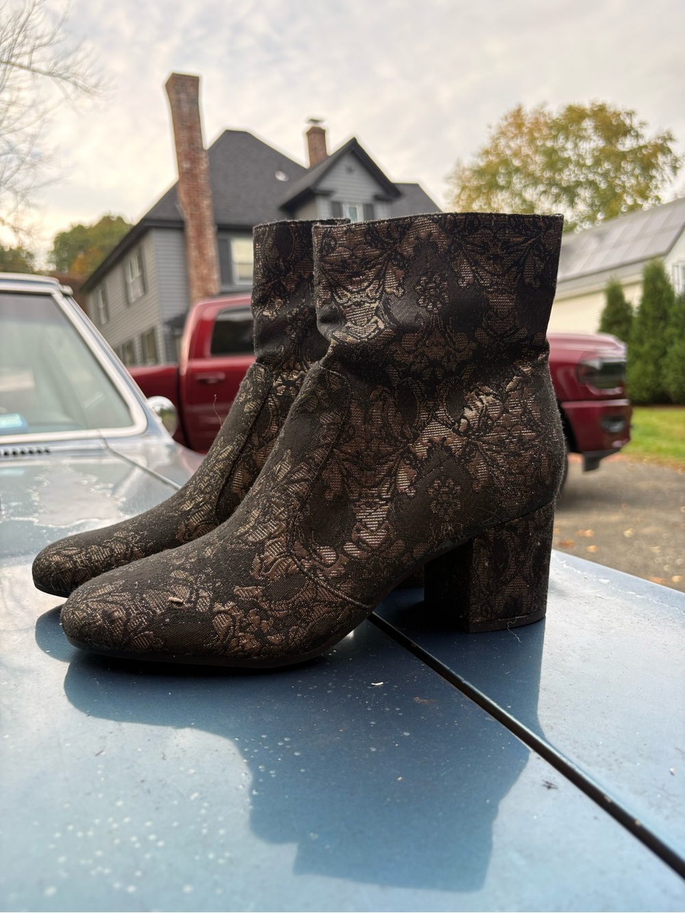 Women's Black Brocade Block Heel Ankle Boots